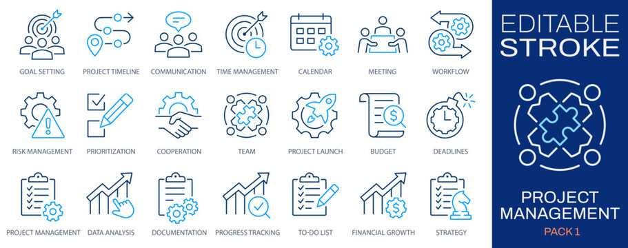Project management icon set. Collection of collaboration, workflow, milestones, deadlines and more. Vector illustration. Editable stroke.