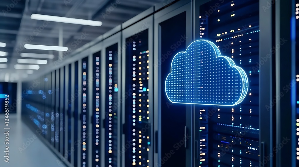 Poster advanced data center with server racks and cloud technology emblem
