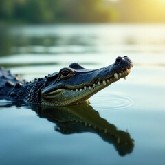 Fototapeta premium Snout of alligator poking through surface of calm water, water, aquatic