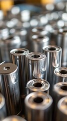 Close-up view of numerous shiny metallic cylinders, meticulously arranged, possibly industrial components or containers.