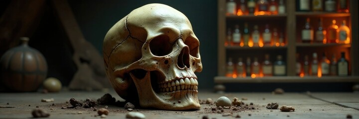 Naklejka premium Skull with a miniature liquor cabinet behind it, rot, storage