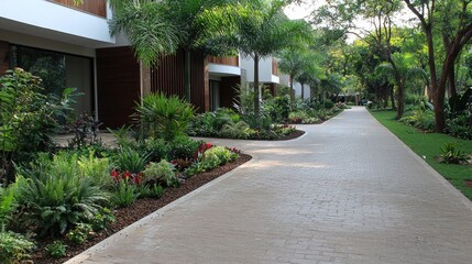 Tropical resort pathway, lush gardens, modern buildings, sunny day, travel brochure