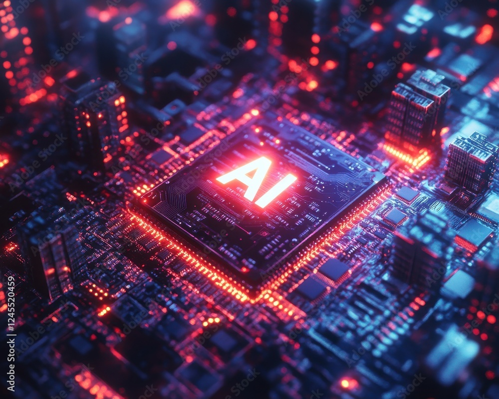 Poster futuristic ai chip on circuit board surrounded by neon lights and digital patterns in a high-tech en