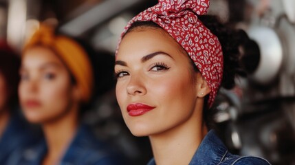 Fototapeta premium Retro Industrial Revival Denim Unity in Vintage Factory for Rosie The Riveter Day - Womens Empowerment and Spring Professional Networking Event