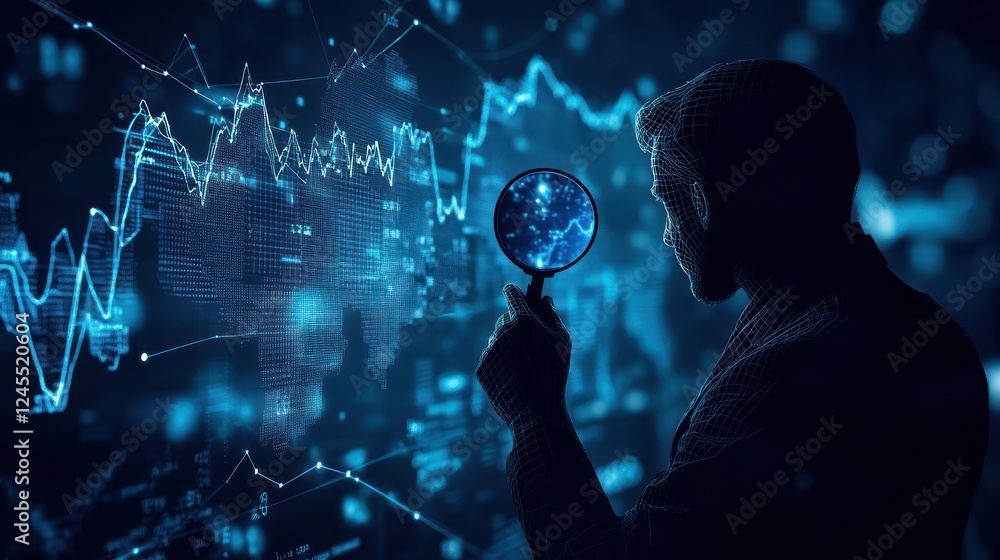 Poster man analyzing financial data with magnifying glass.