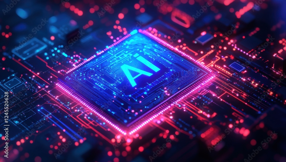 Poster futuristic ai circuit board design with neon lights and digital technology elements representing art
