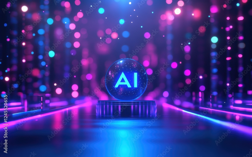 Poster futuristic ai concept with colorful bokeh lights and glowing sphere representing artificial intellig