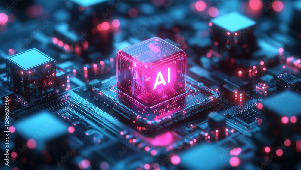 Poster futuristic ai concept with neon lights on circuit board in advanced technology environment