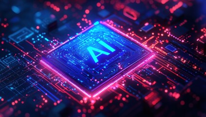 Obraz premium Futuristic AI Circuit Board Design with Neon Lights and Digital Technology Elements Representing Artificial Intelligence and Advanced Computing Concepts