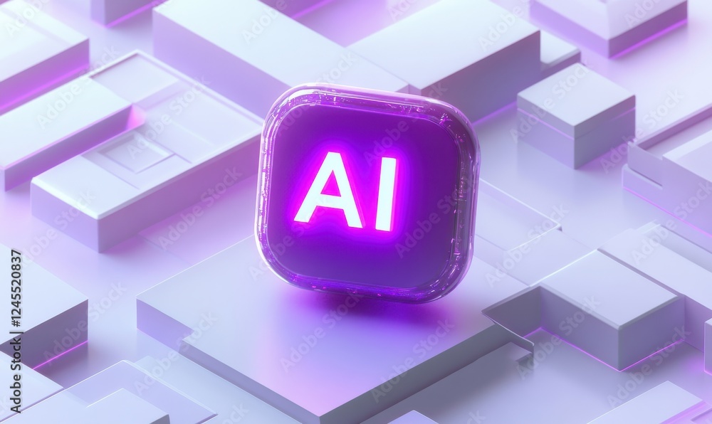 Poster futuristic ai icon featuring bright neon colors on abstract geometric background representing techno