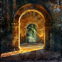 Naklejka premium Golden Dawn's Embrace: An Ancient Archway, Time's Eternal Sentinel, Framing Stories Untold
