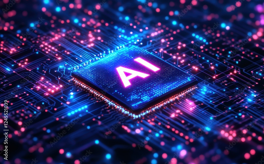Aufkleber futuristic ai microchip surrounded by neon circuit patterns on a digital blueprint representing adva