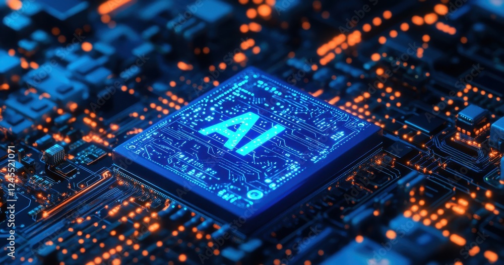 Poster futuristic ai microchip on electronic circuit board featuring glowing lights and complex technology 