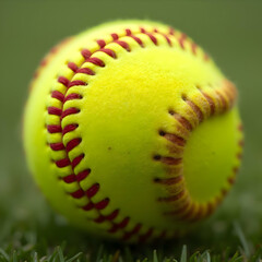 A detailed photo of a softball, showcasing its texture, red stitching, and smooth surface