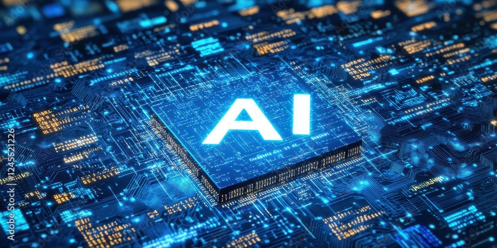 Poster futuristic ai processor chip surrounded by complex digital circuitry with bright blue connections an