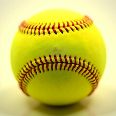 A detailed photo of a softball, showcasing its texture, red stitching, and smooth surface