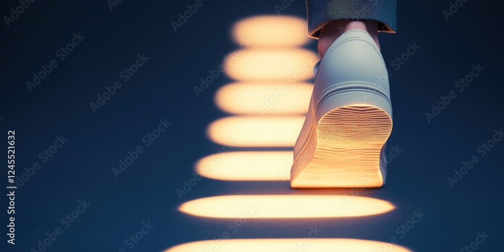 Poster leadership development skills goal-setting concept. footsteps illuminated by lights creating a strik