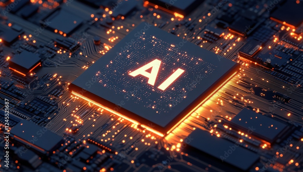 Poster futuristic artificial intelligence chip surrounded by glowing circuits and microprocessors on a dark