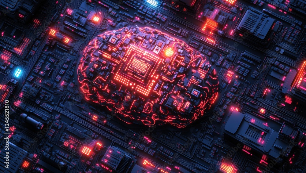 Poster futuristic artificial intelligence concept featuring a brain made of circuitry in a dark cyberpunk e