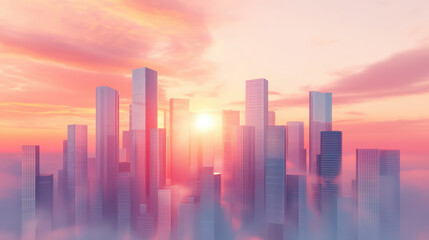 Fototapeta premium Modern Cityscape at Sunset with Skyscrapers Rising Above Clouds in Vibrant Colors