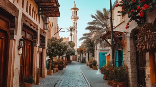 A picturesque scene in the Al Fahidi Historical Neighborhood, showcasing traditional wind tower architecture and narrow alleyways