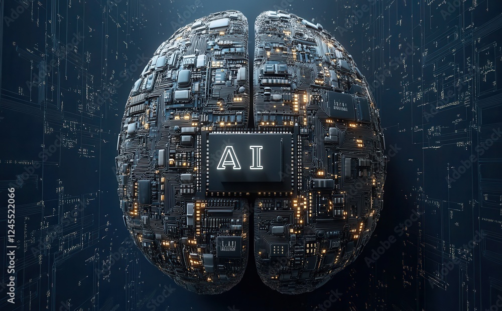 Poster futuristic artificial intelligence concept with detailed circuitry design representing neural networ