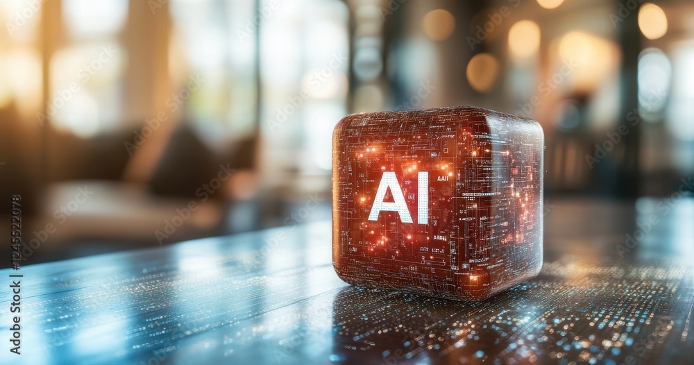 Aufkleber futuristic artificial intelligence concept with glowing block, digital circuits, and modern workspac