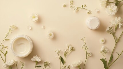 Minimal composition with cosmetic skin care products and flowers on pastel beige background. Flat lay.