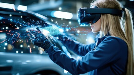 Innovative virtual reality training for automotive repair modern workshop digital content high-tech environment close-up view skill development