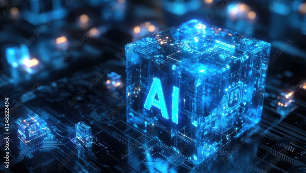 Poster futuristic blue cube with ai text on circuit board, representing advanced technology and artificial 
