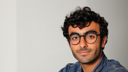 Obraz premium Confident young man with glasses. Portrait of a friendly male with curly hair. Studio light highlights his natural and casual expression. Suitable for modern lifestyle themes.