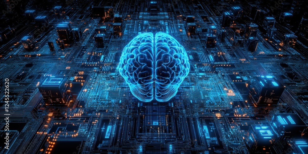 Poster futuristic brain connectivity and technology integration concept in a digital landscape with vibrant