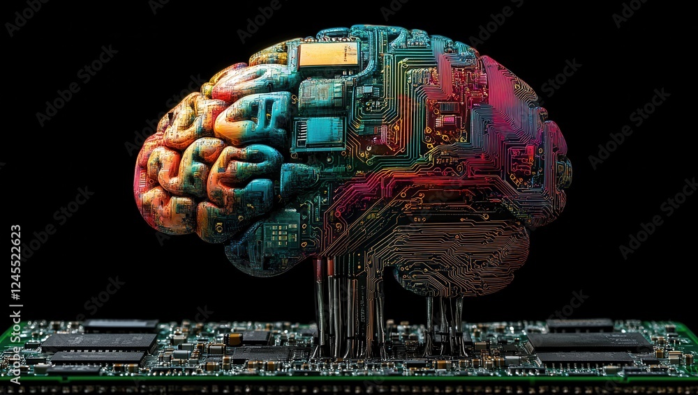 Poster futuristic brain design merging artificial intelligence and human cognition with circuit board patte