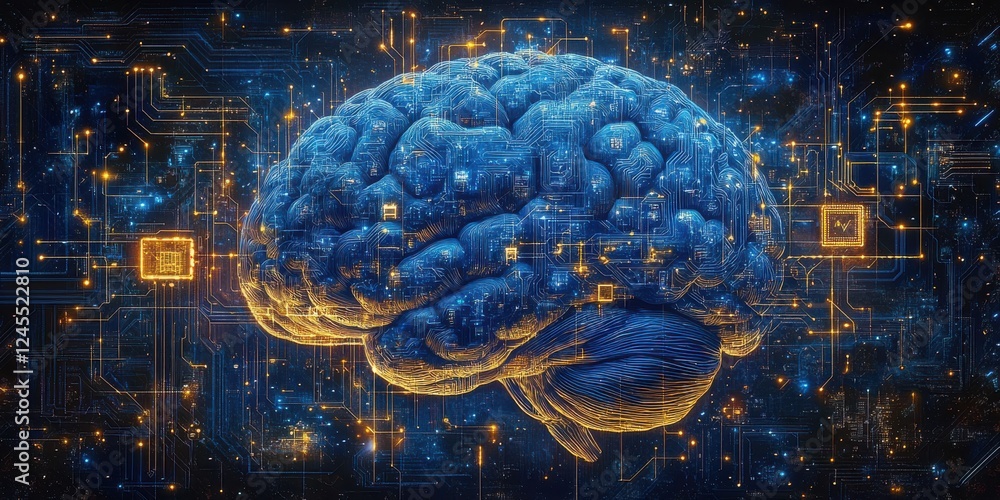 Poster futuristic brain design with technological circuitry in deep blue and gold colors representing artif