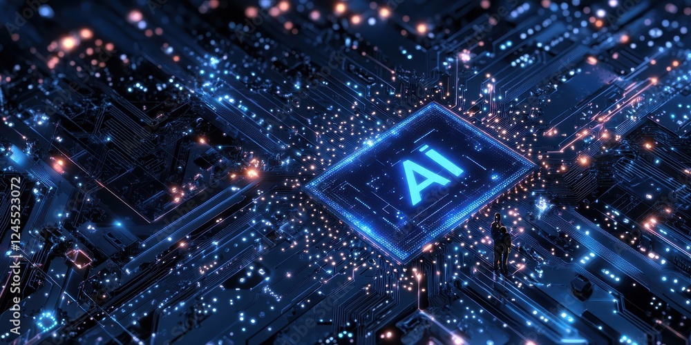 Poster futuristic circuit board with ai chip surrounded by glowing data streams and complex technology elem