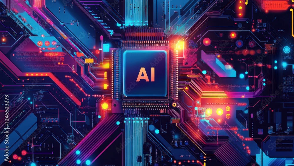 Poster futuristic circuit board with central ai chip surrounded by colorful lights and digital elements for