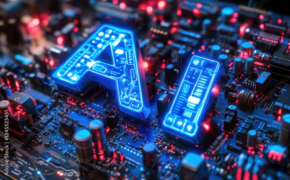 Poster futuristic circuit board with glowing ai letters and digital elements illuminated in blue and red fo