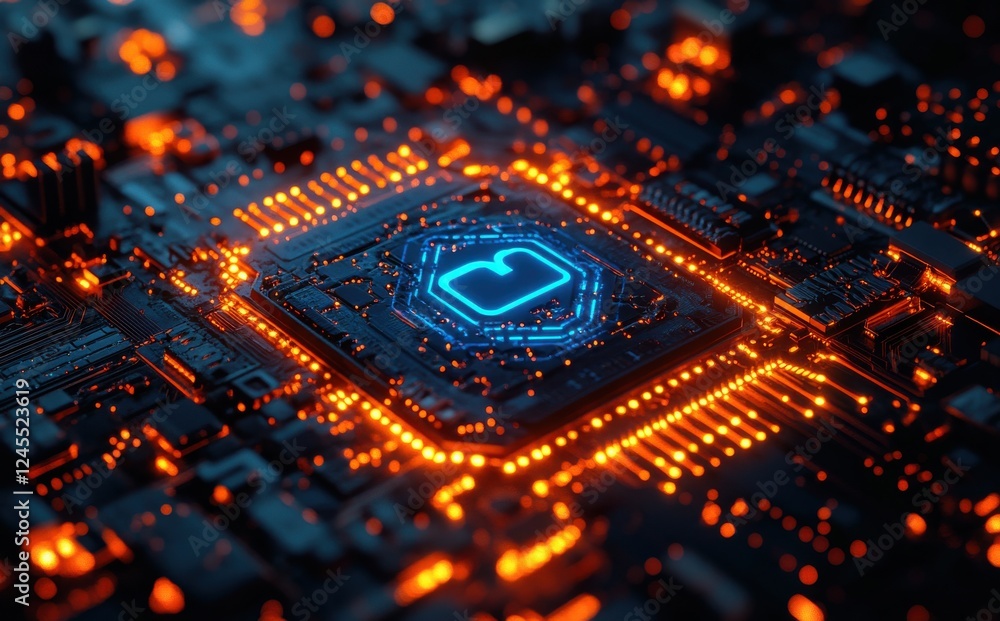 Poster futuristic circuit board with glowing elements and a central microchip design representing advanced 