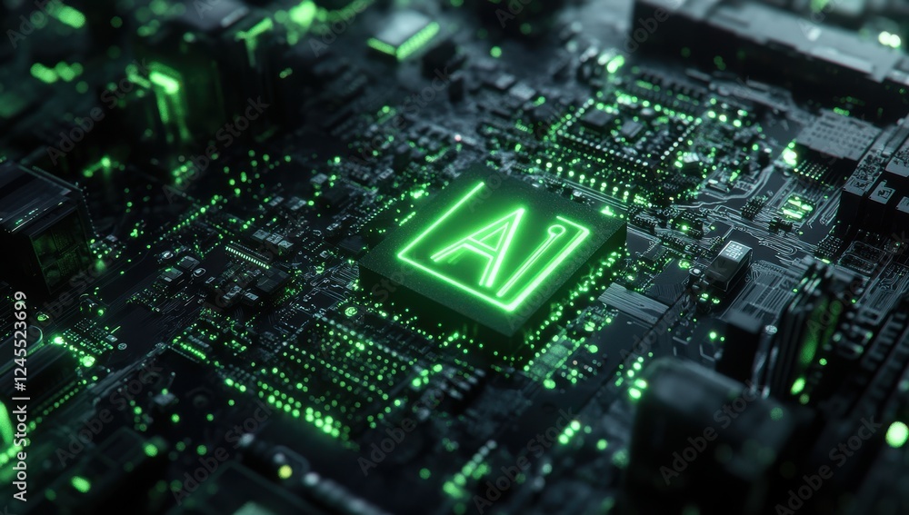 Poster futuristic circuit board with glowing green ai chip representing advanced artificial intelligence te