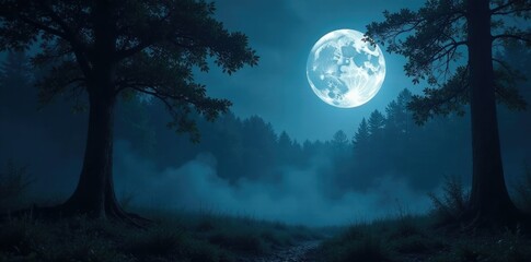 Fototapeta premium Full moon casting eerie light on a dark forest scene, full moon, misty
