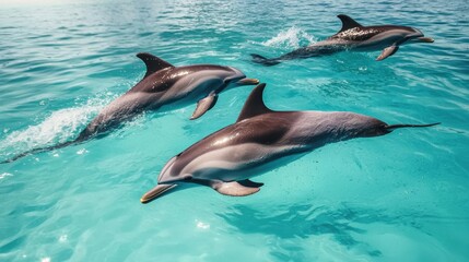 Naklejka premium Three Dolphins Swimming Gracefully in Turquoise Ocean Water