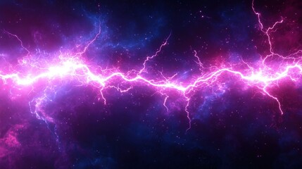 Fototapeta premium Vibrant electric lightning illuminates the cosmic nebula. Electric bolt of energy cracks through this galaxy. Powerful and vibrant, this sky background serves as a striking texture.