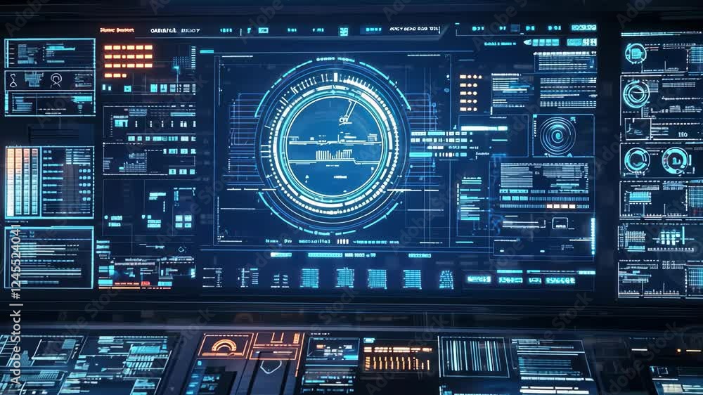 Poster futuristic control panels in hightech command center displaying digital interfaces