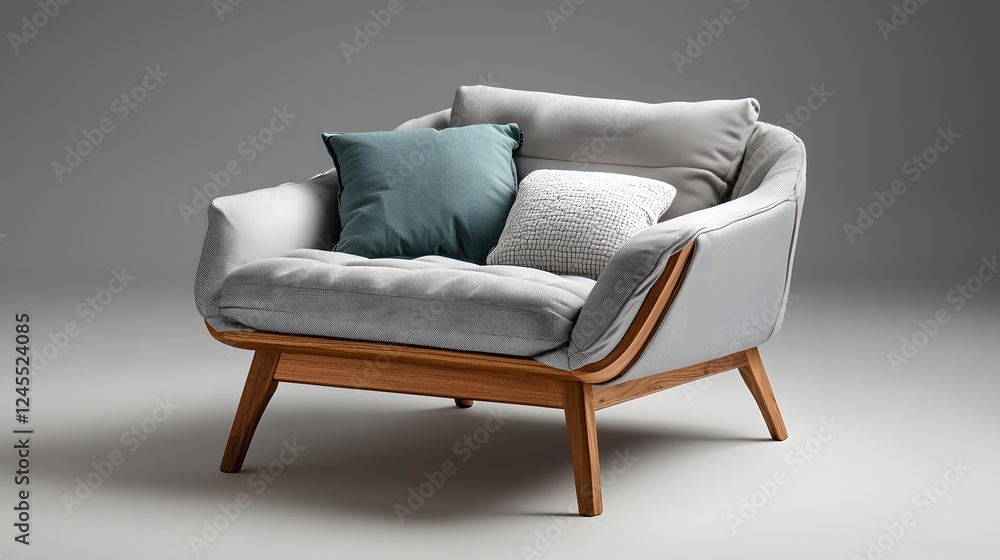 Poster minimalist and modern couch with a wooden frame and plush neutral colored cushions set in a cozy com