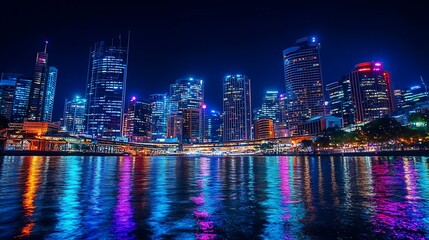 breathtaking cityscape at night with vivid neon hues picture
