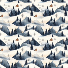 Winter Rustic Mountain Seamless Pattern Design