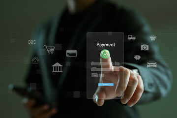 Digital banking network, internet payment, financial technology or FinTech concept. Businessman using smartphone with icons on virtual screen, online shopping and payment via mobile banking apps.