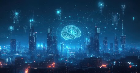 Obraz premium Futuristic City Skyline with Digital Brain Concept Illustrating Artificial Intelligence and Technology Integration in Urban Environments