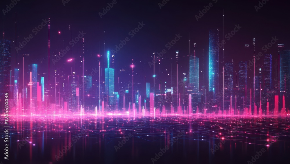 Poster futuristic city skyline with glowing data visualization and abstract technology patterns in vibrant 