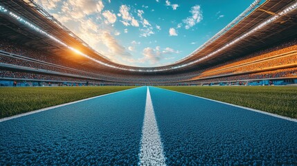 Vibrant stadium track with symmetrical perspective. Running path designed for athletics race and vibrant competition. Arena for sports events, illuminated architecture and outdoor environment with
